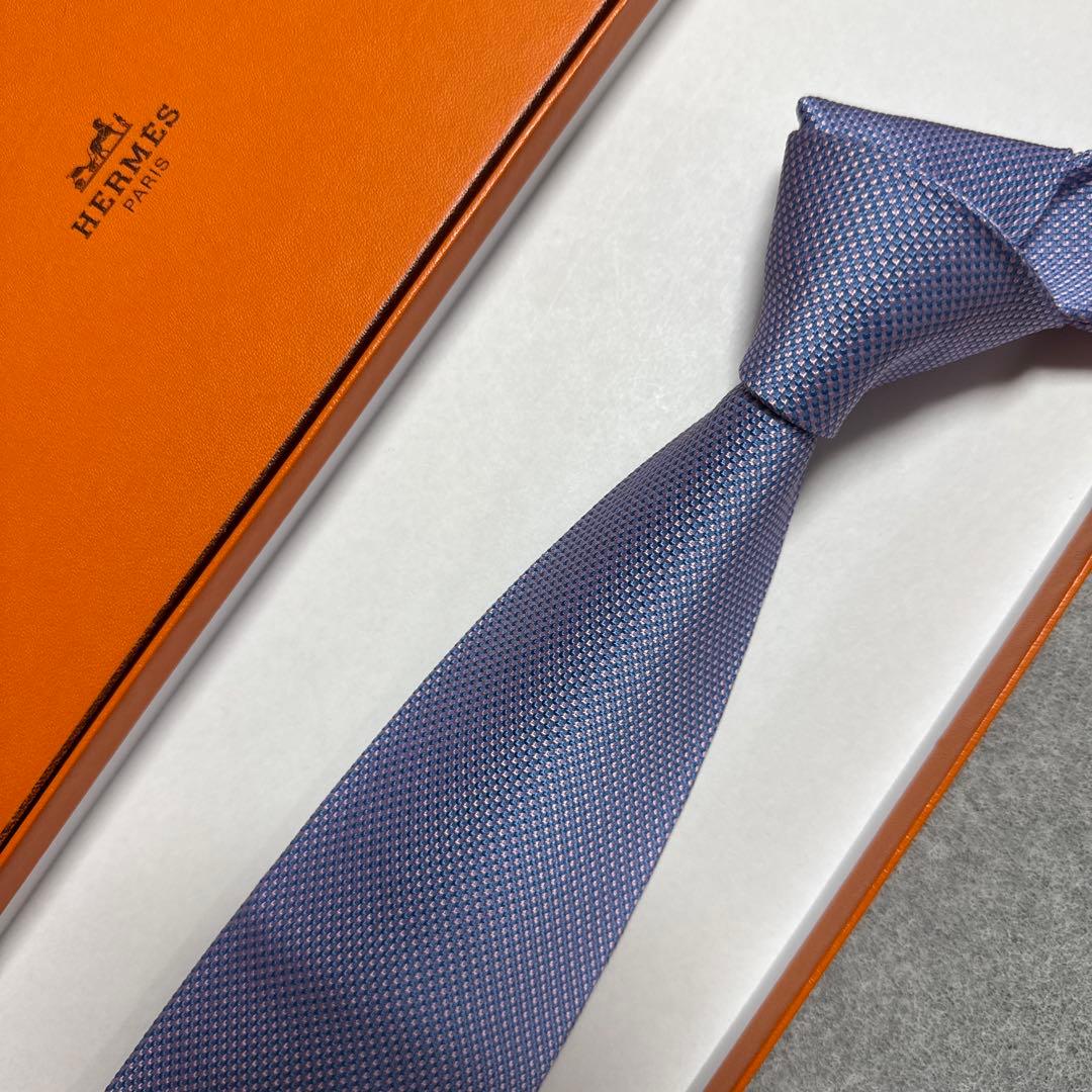 美品　エルメス　ネクタイ　青・ピンク　シルクジャガード　結婚式