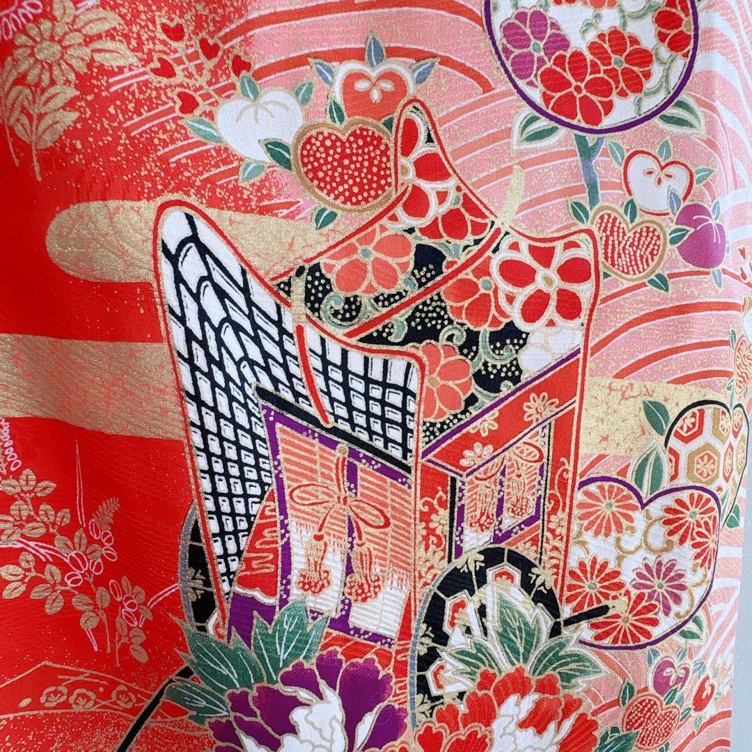 フルセット　七五三７歳女の子　赤地花御所車　黒地袋帯　蝶鶴菊　簡単半衿　7106