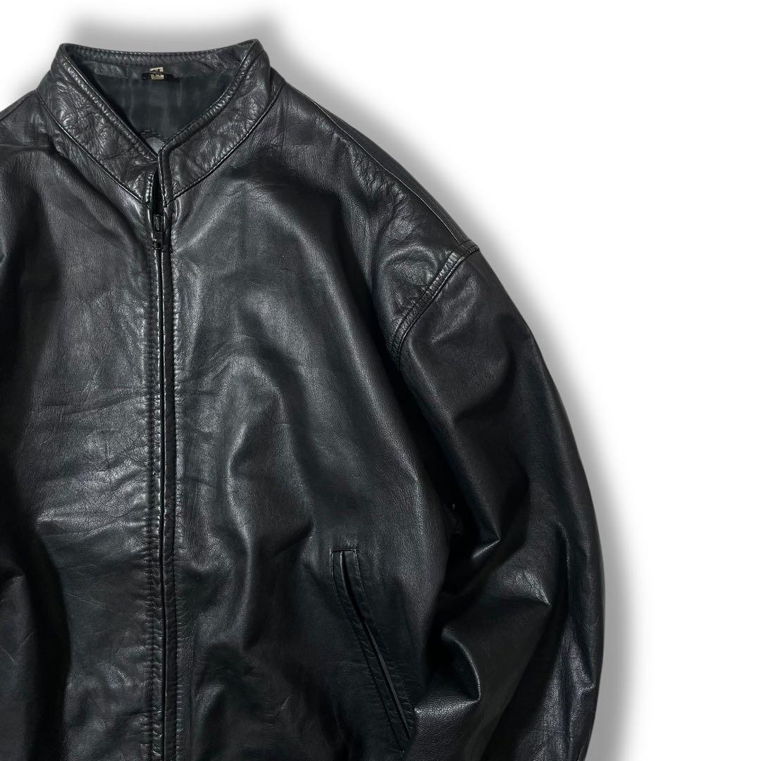 90s ノーカラー ショート丈 本革 リアルレザー ボンバー ブルゾンジャケット