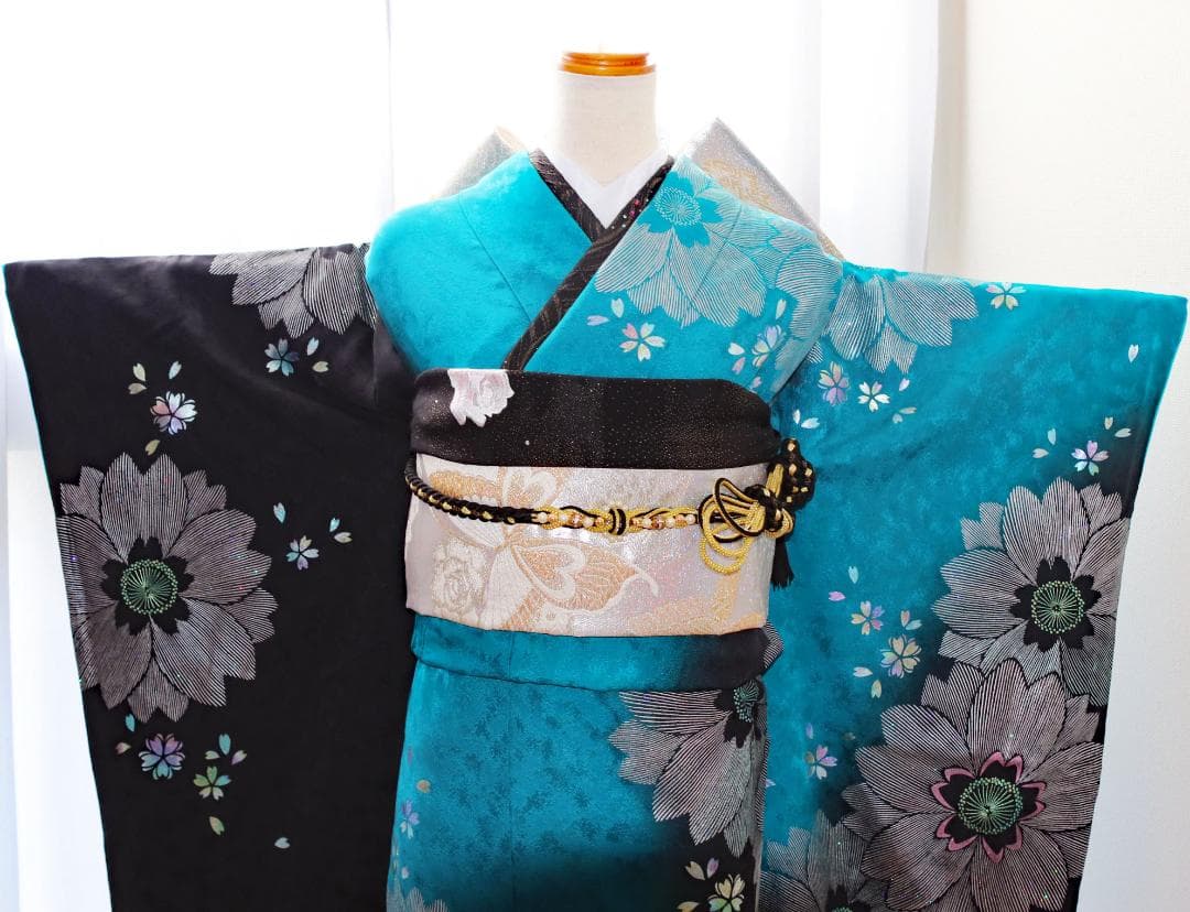 振袖フルセット ターコイズブルー×黒 粋 モダン 大輪花 成人式