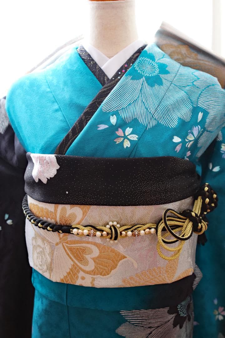 振袖フルセット ターコイズブルー×黒 粋 モダン 大輪花 成人式