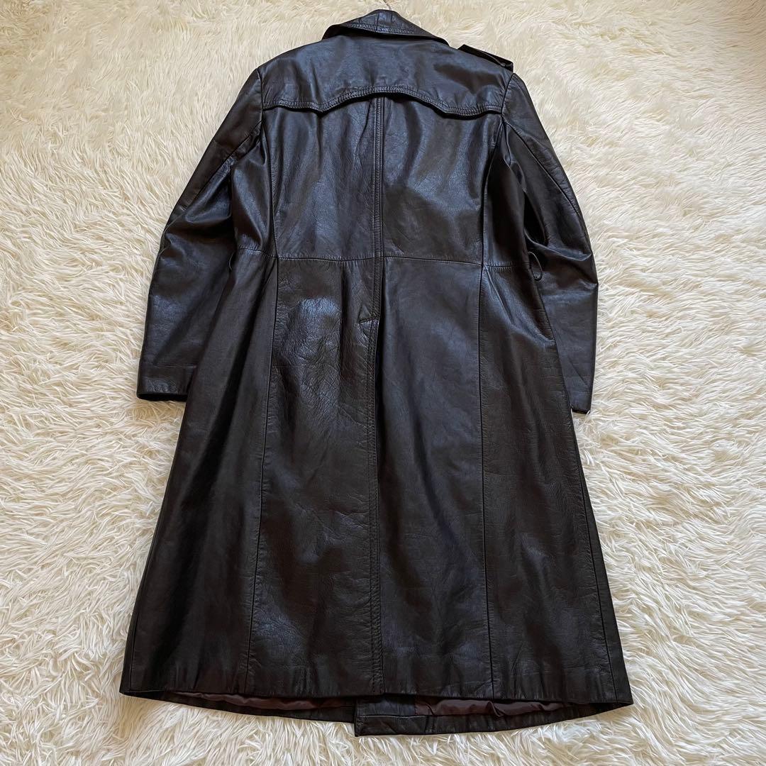 ロング丈　トレンチコート　ダブル　本革　大きいサイズ　ダークブラウン