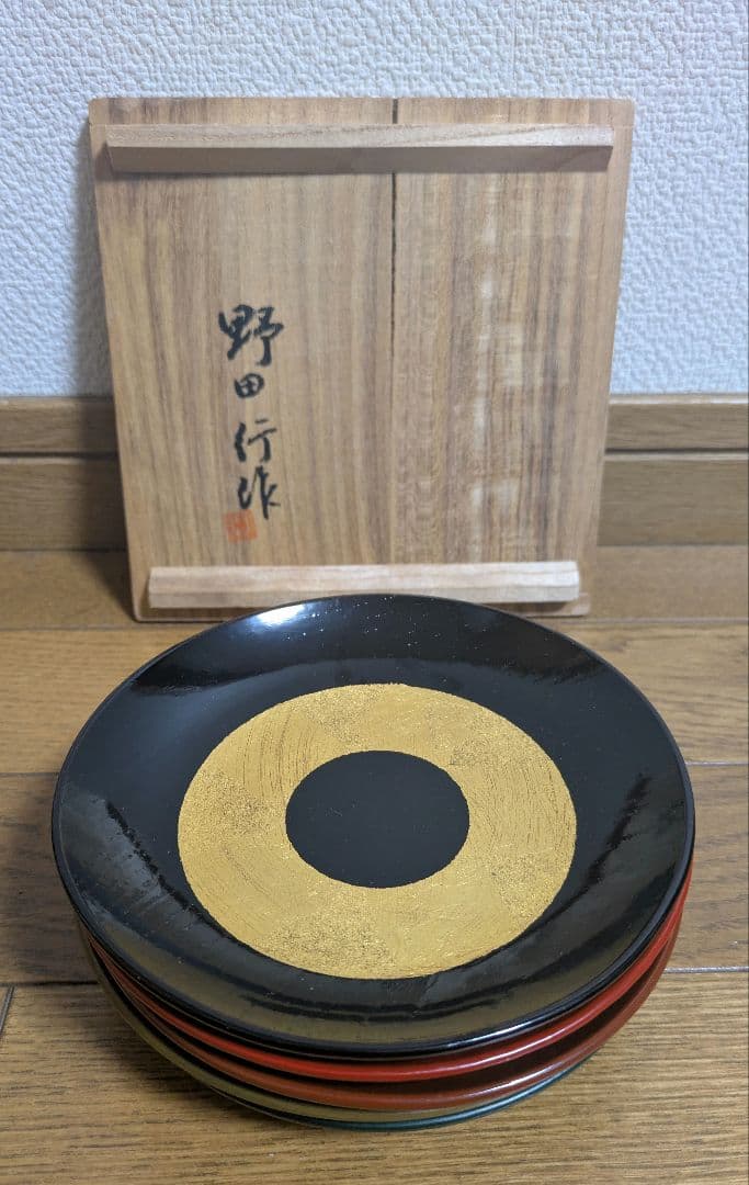 【未使用】野田行作 漆器 金箔文黒蛇の目銘々皿　5枚セット