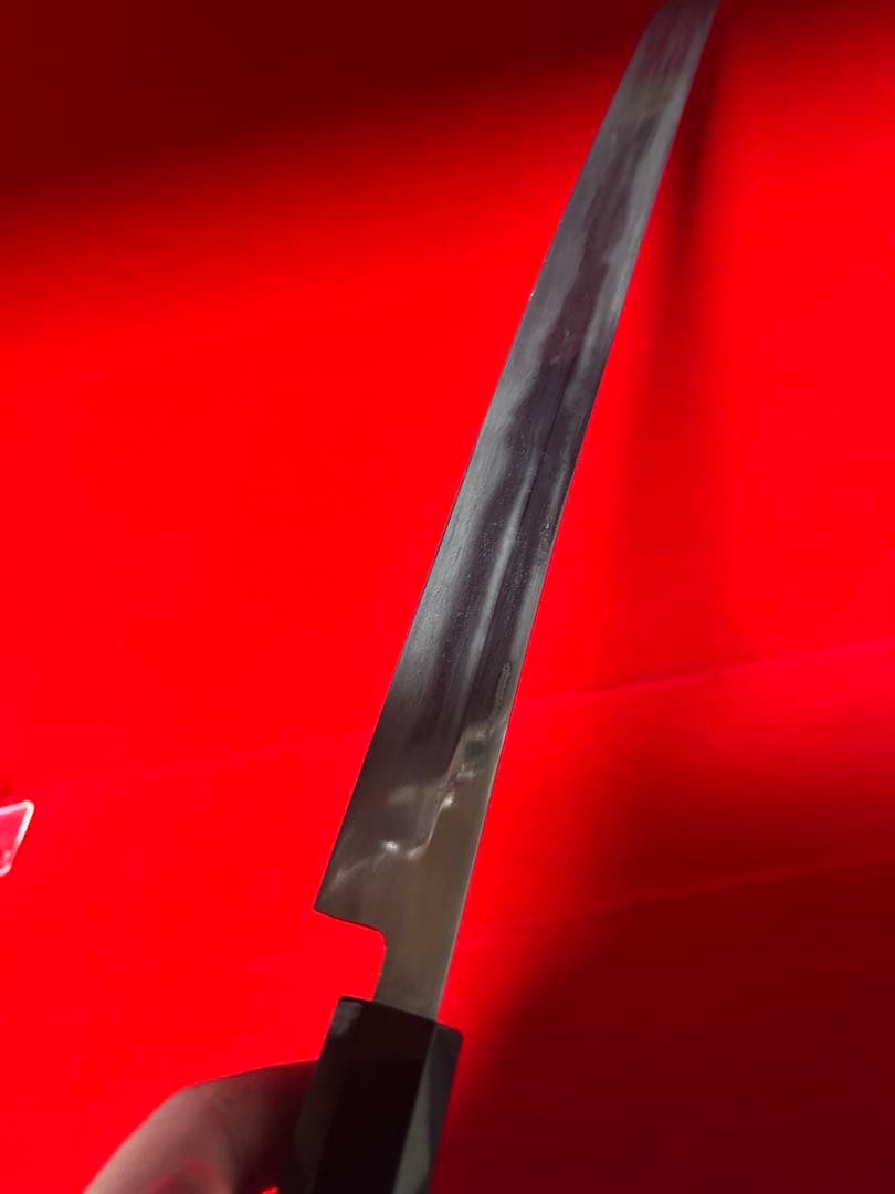 No.01346 包丁　先丸筋引　マグロ包丁　両刃　玉鋼　刃文綺麗　墨流　未使用