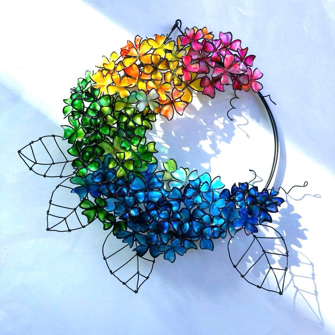 かき氷カラー　大きな紫陽花リース　ワイヤークラフト　ディップアート　一点物