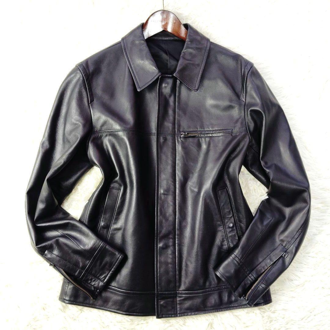 【羊革】タケオキクチ◆ラムレザートラッカージャケット　ライダース　ロゴ裏地　M
