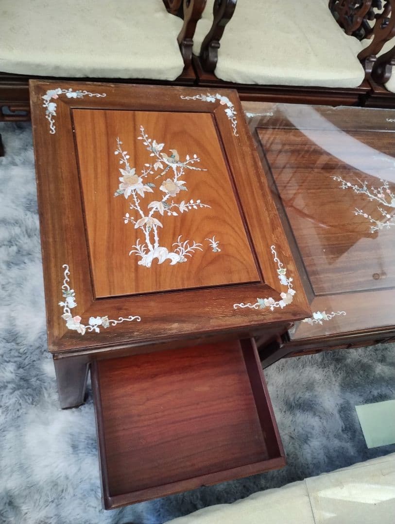 アジアンスタイル螺鈿の木製家具セット