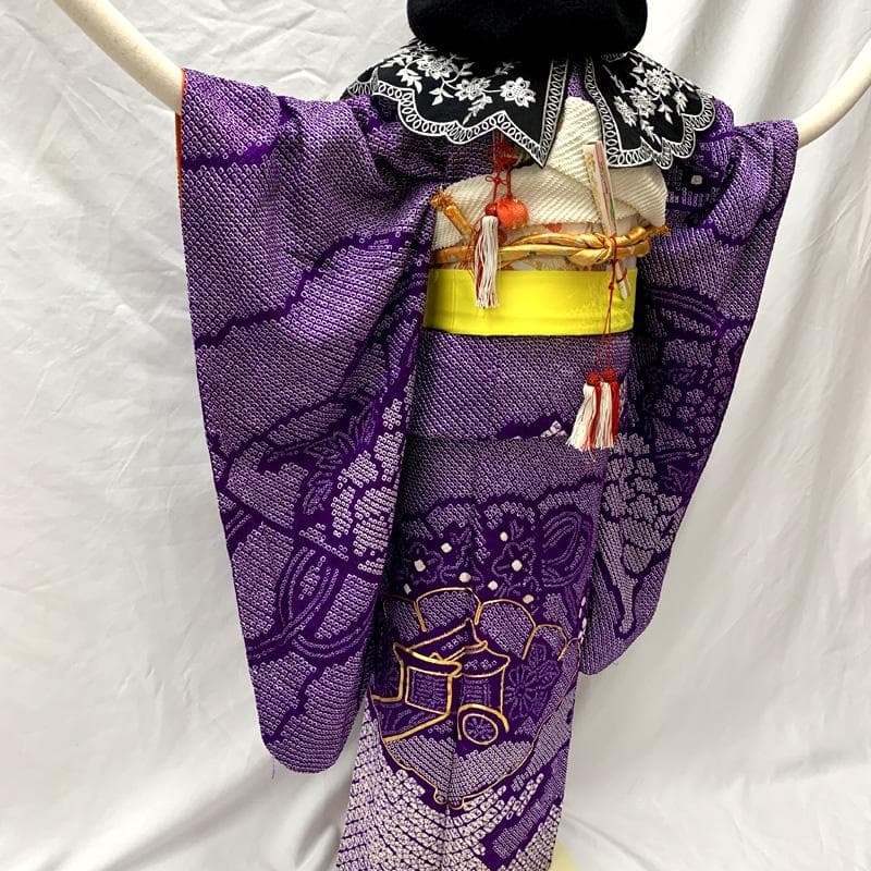 506ag40□七五三 七歳 女児 着物&袋帯 総絞り 金駒刺繍 紫□良好