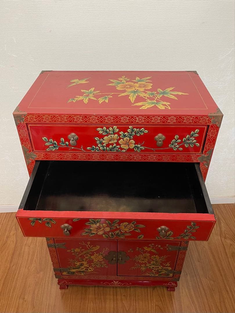 中国　花柄　アンティーク　タンス