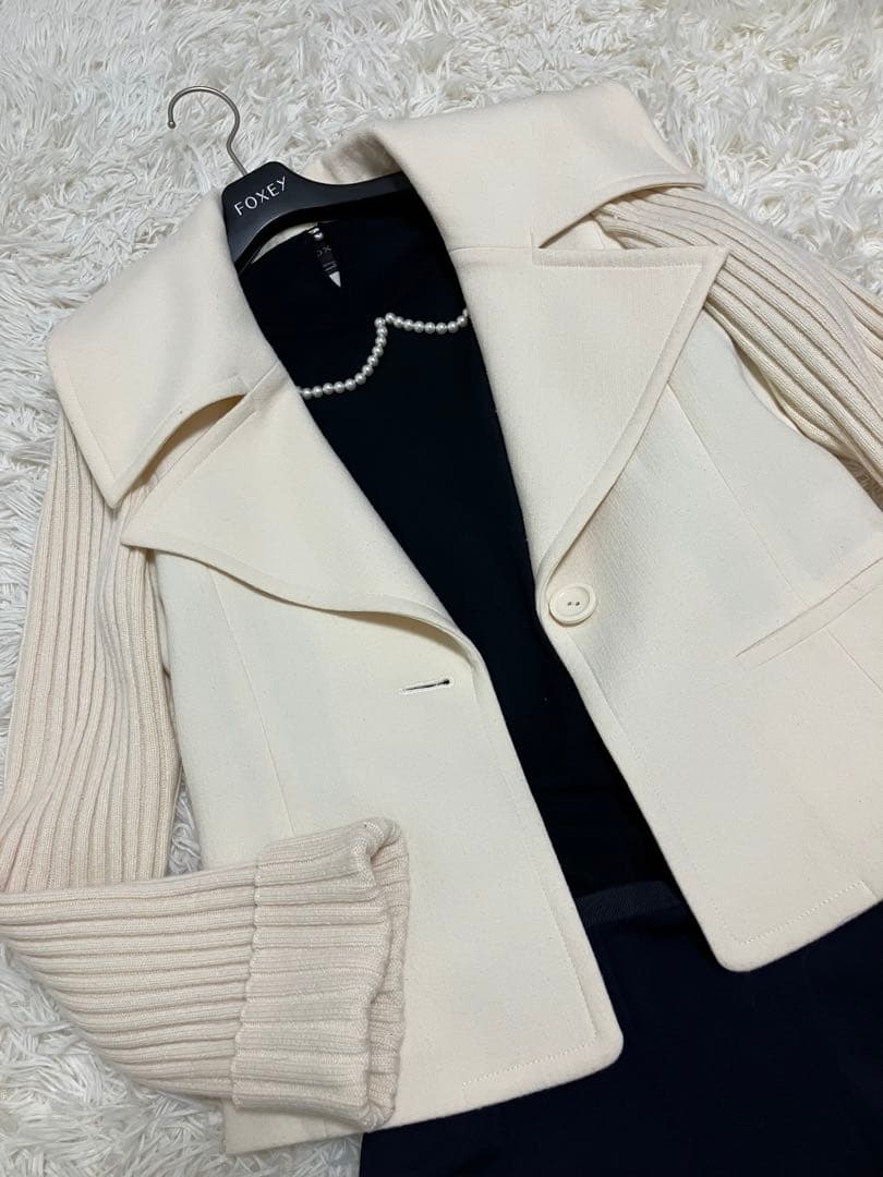 FOXEY ニットコート異色生地使い暖かなナチュラルホワイトリブピンク様