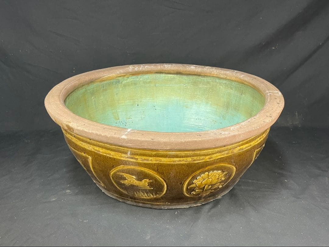 中国美術 睡蓮鉢 花鳥図 ピータン 金魚鉢 メダカ鉢 陶器 大型 楕円形