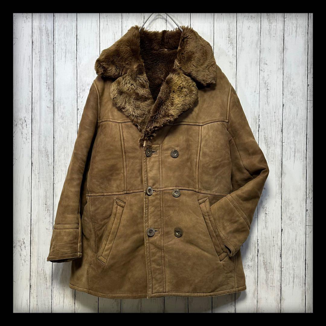 【本革☆ムートンコート】ユーロヴィンテージ☆ダブル☆ランチコート　2XL相当 茶