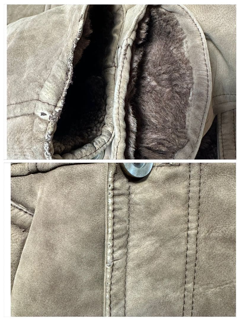 【本革☆ムートンコート】ユーロヴィンテージ☆ダブル☆ランチコート　2XL相当 茶