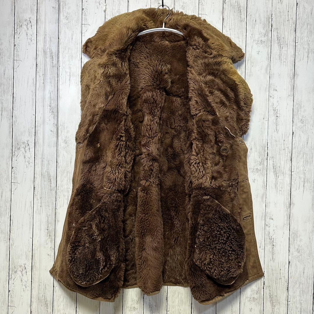 【本革☆ムートンコート】ユーロヴィンテージ☆ダブル☆ランチコート　2XL相当 茶