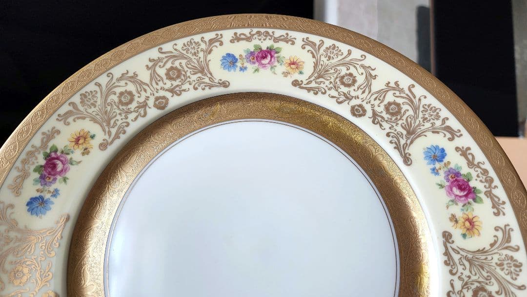 希少 金彩 プレート 手描き ピカード装飾 ドレスデンブーケ アンティーク