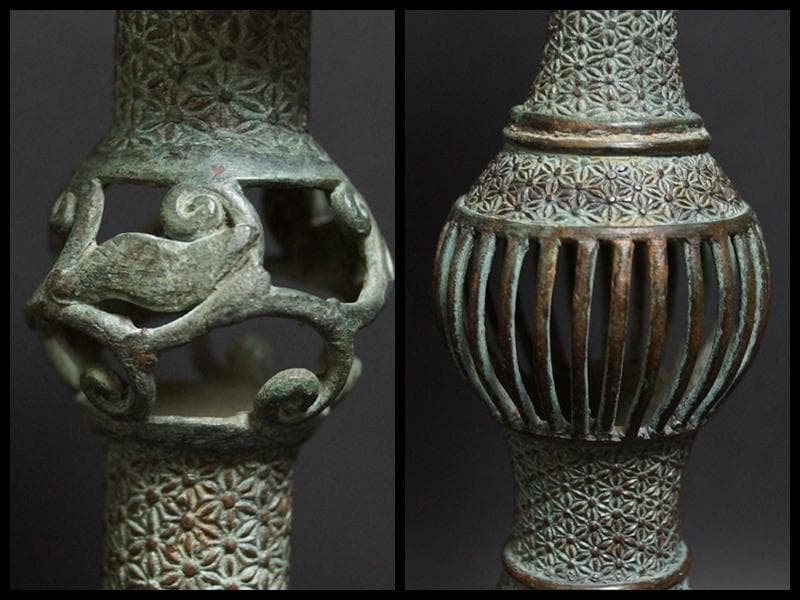 江戸期 古銅鏤空彫燭台 寺院ローソク立て 高さ44.5㎝ 重さ1kg 仏教美術