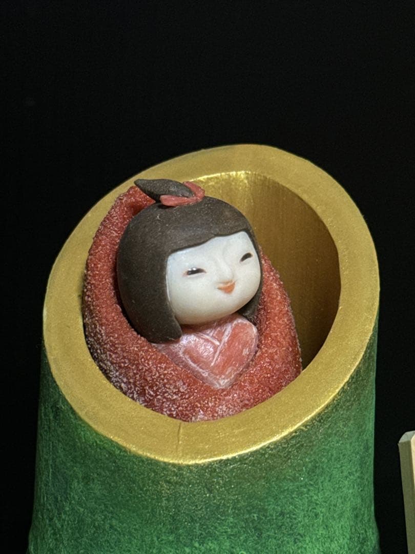 本珊瑚 高知県 珊瑚細工 名人 大堀正寿 作 『竹取姫」 置物 桃赤珊瑚