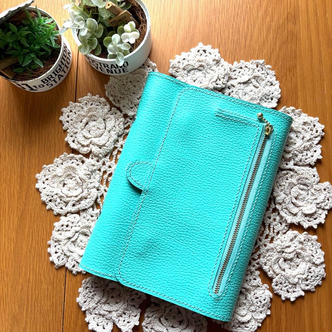 幅広バイブル システム手帳　牛革　ティファニーブルー　レザー フルカバー 本革