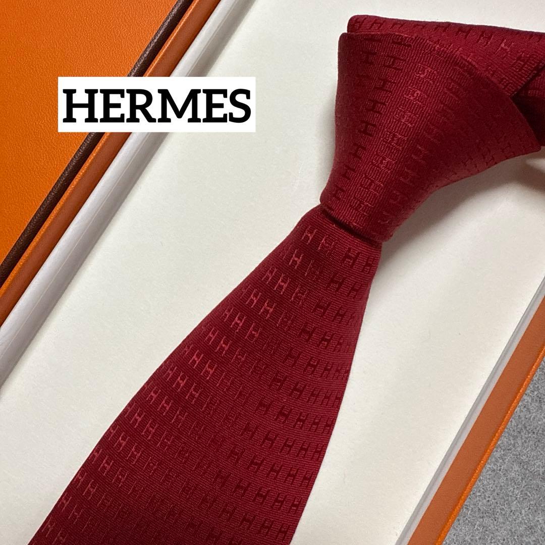 美品　エルメス　ネクタイ　赤　H柄H織ファソネ　派手