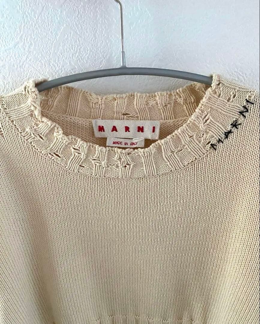 美品　MARNI ロゴ刺繍 ダメージ加工 コットンニット クロップドジャンパー