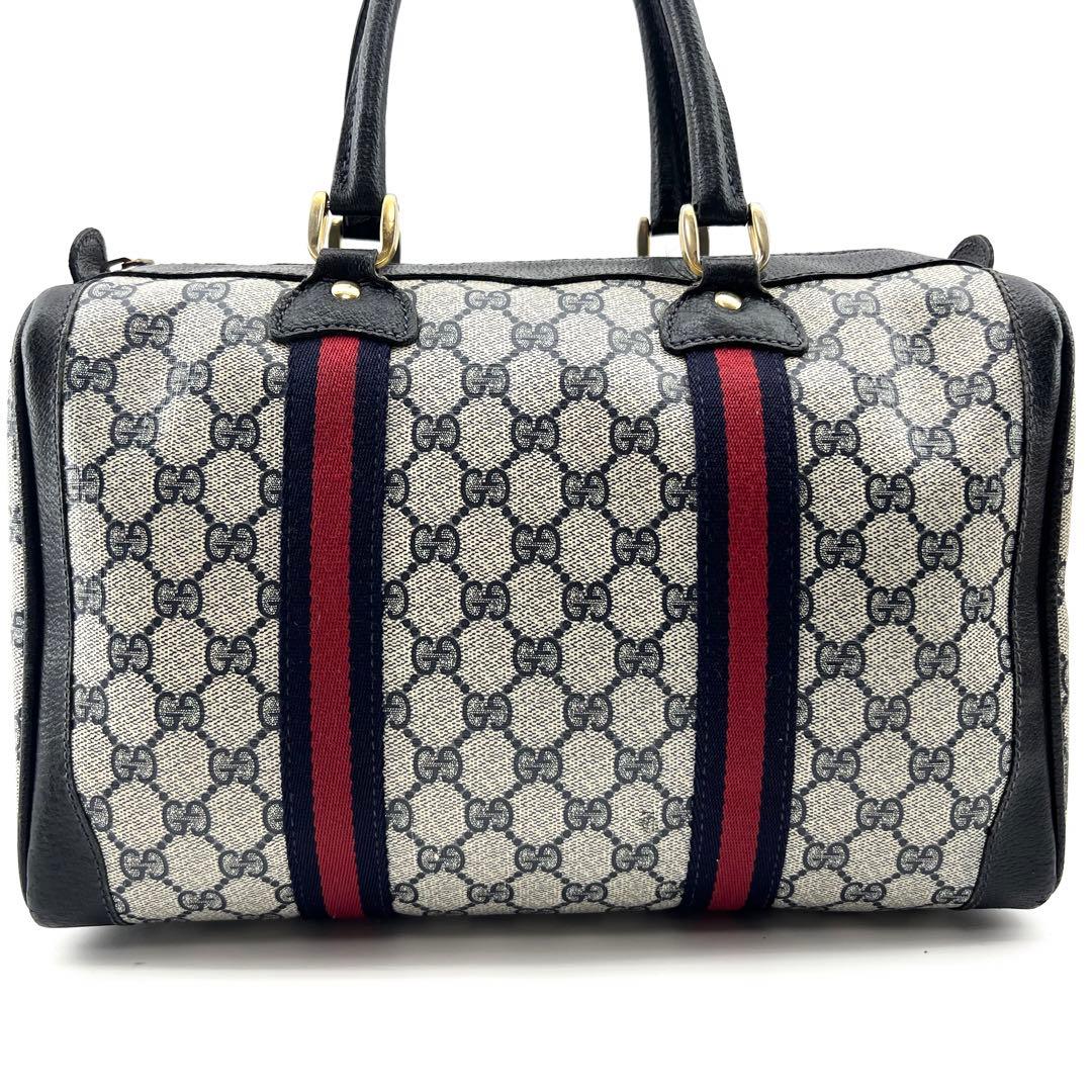 美品　GUCCI　ボストンバック　PVC　シェリーライン　ネイビー　GG柄　本革