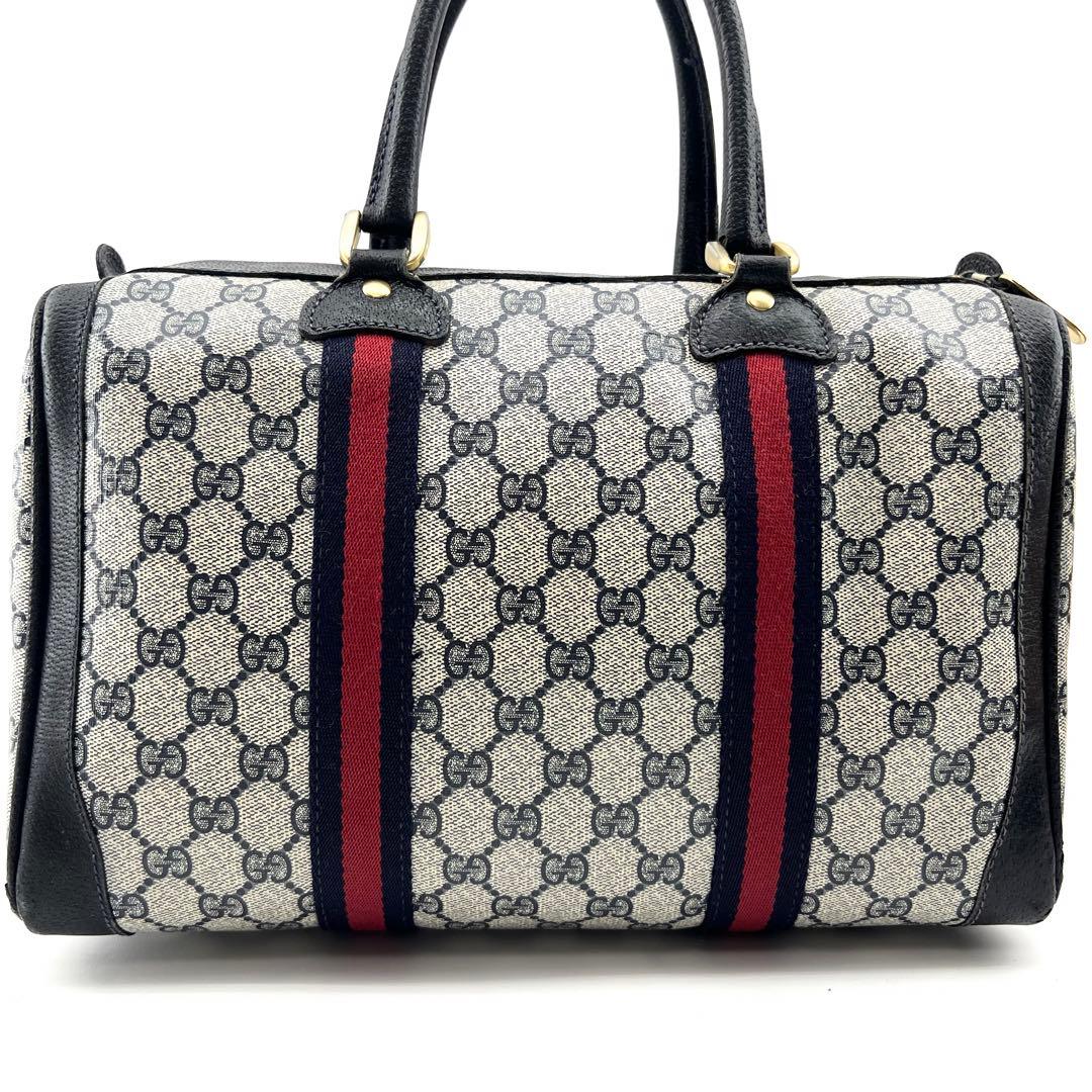 美品　GUCCI　ボストンバック　PVC　シェリーライン　ネイビー　GG柄　本革