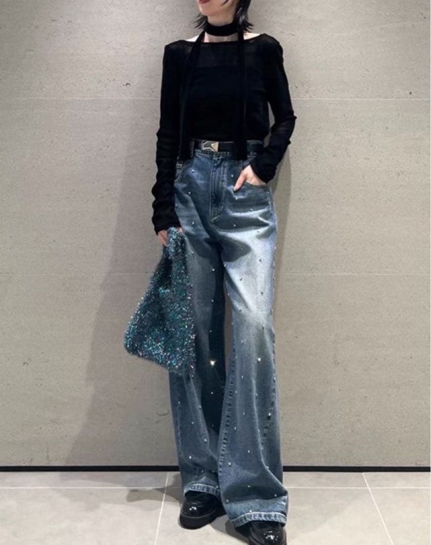 ハイウエストワイドビジューデニムパンツ 【フレイアイディーFRYID】