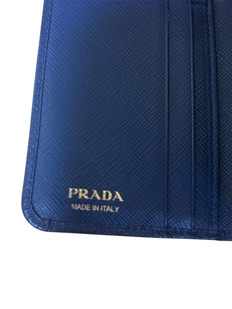 [美品]PRADA プラダ 二つ折り財布 ネイビー ゴールドロゴ