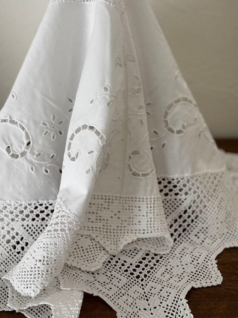 フランス　蚤の市　テーブルクロス ホワイト　レース