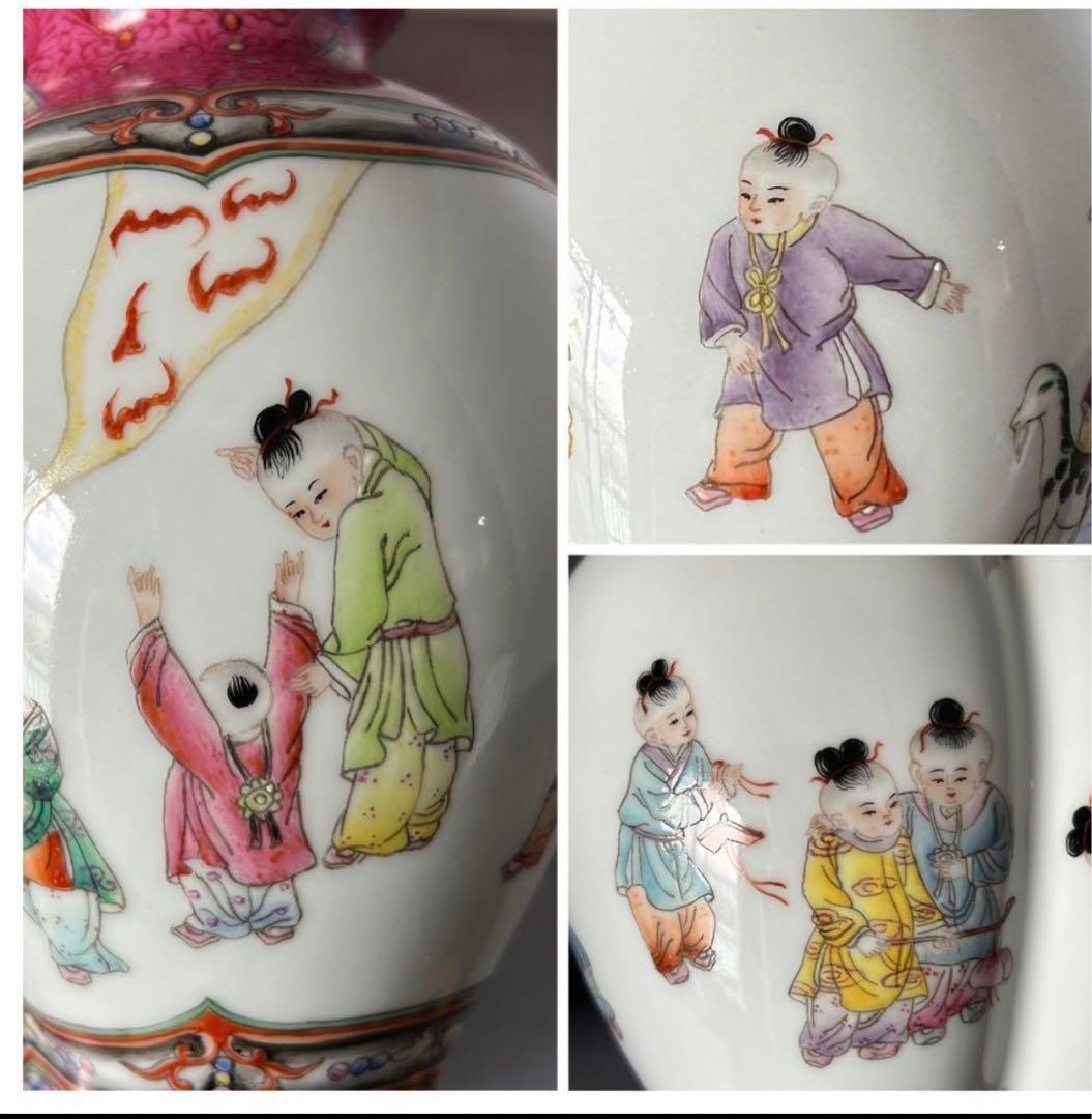中国古美術/清清代時代珐瑯彩嬰戲紋雙聯蓋瓶/景德鎮製。 y508