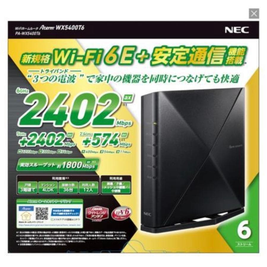 【開封済み未使用】NEC 無線LANルーター PA-WX5400T6