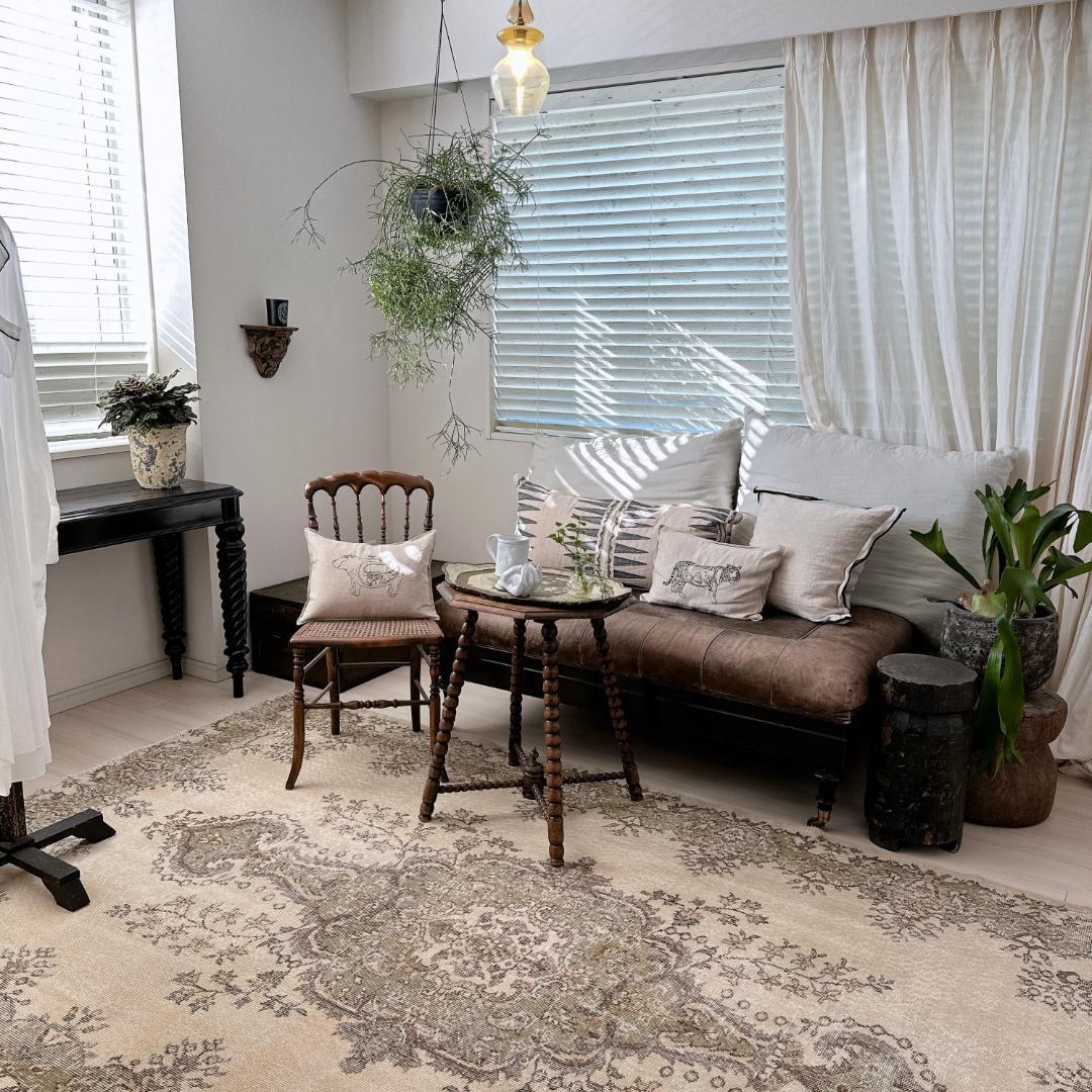 トルコ ヴィンテージラグ A110超大判 ベージュ カーキグリーン オーバーダイ