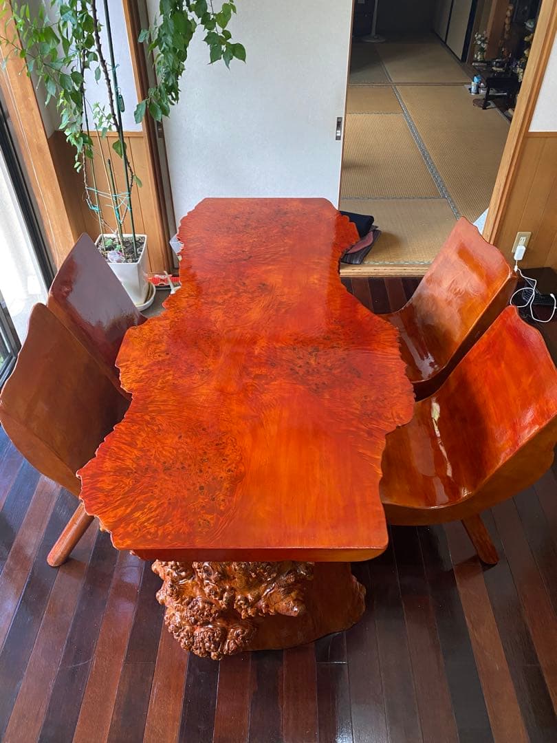 栃の木　とちの木　一枚板テーブル　注文製作　イス5脚　座敷用脚短い有　一枚板